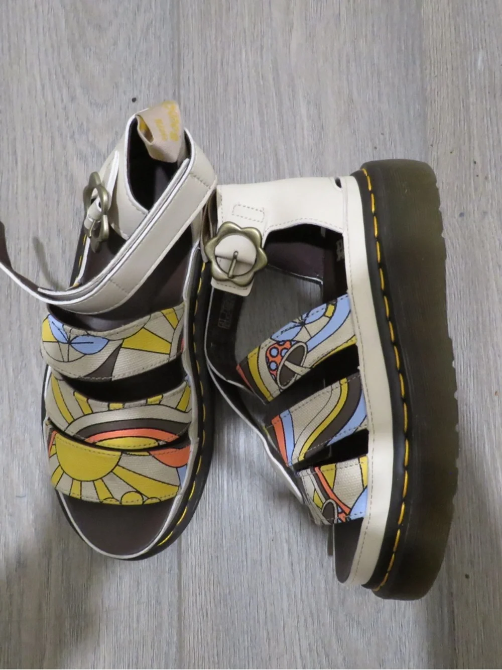 Dr. Martens Retro Floral Platform Sandals in Cream, Yellow & Orange - Picture 2 of 3